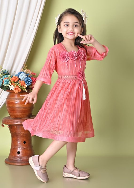 Girls Party Wear Floral Applique Pleated Dress - Peach - Additional Image 4