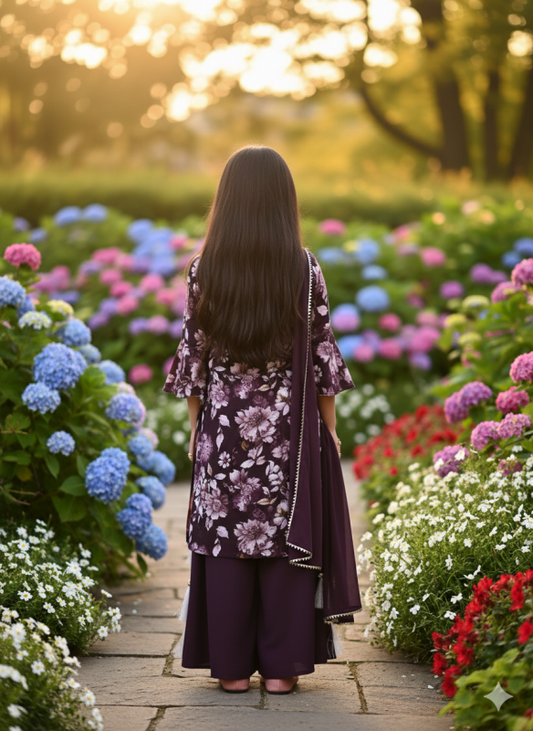 Girls Floral Printed Kurti with Sharara Set - PURPLE - Additional Image 1