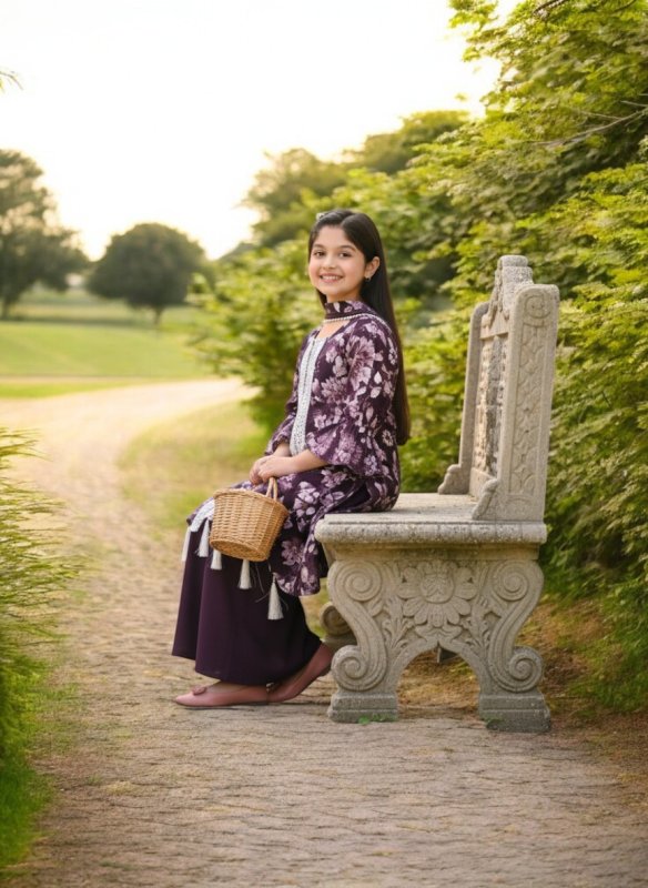 Girls Floral Printed Kurti with Sharara Set - PURPLE - Additional Image 2