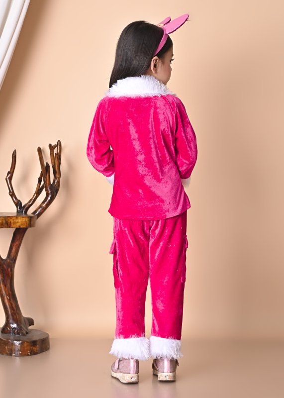 Girls Winter Velvet Jacket & Pants Set with Fur Detailing - Pink - Additional Image 1