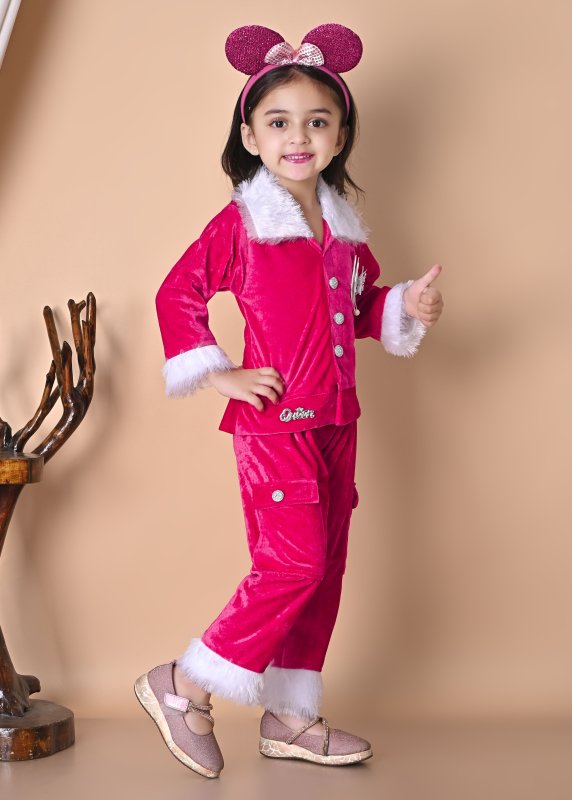 Girls Winter Velvet Jacket & Pants Set with Fur Detailing - Pink - Additional Image 3
