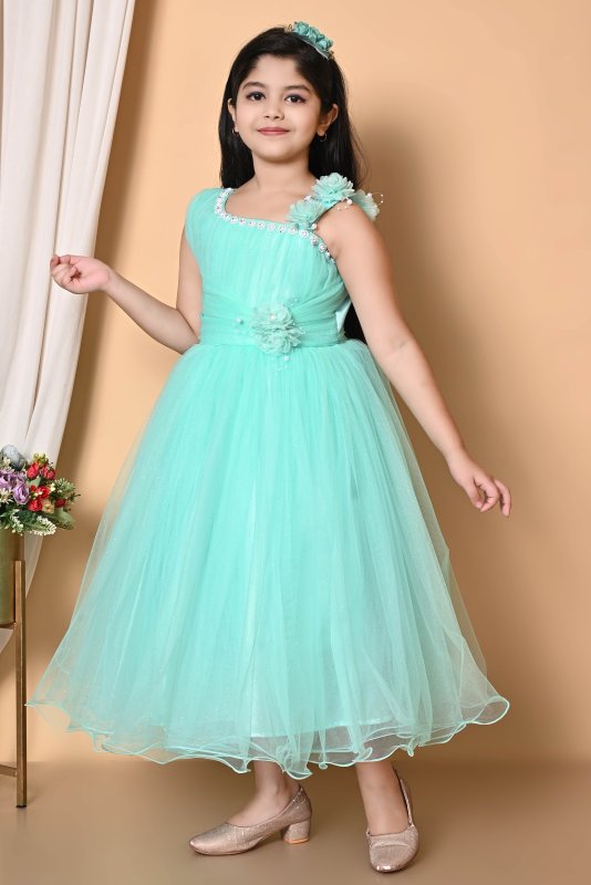 Girls Party Wear Net Gown with Floral Embellishment - Green - Additional Image 2