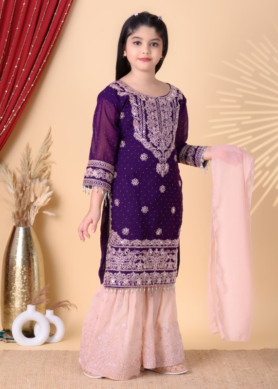 Girls Festive Wear Kurta Sharara Set with Embroidery & Dupatta - Blue - Additional Image 1