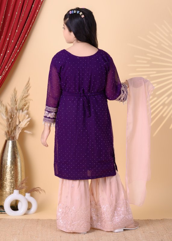 Girls Festive Wear Kurta Sharara Set with Embroidery & Dupatta - Blue - Additional Image 2