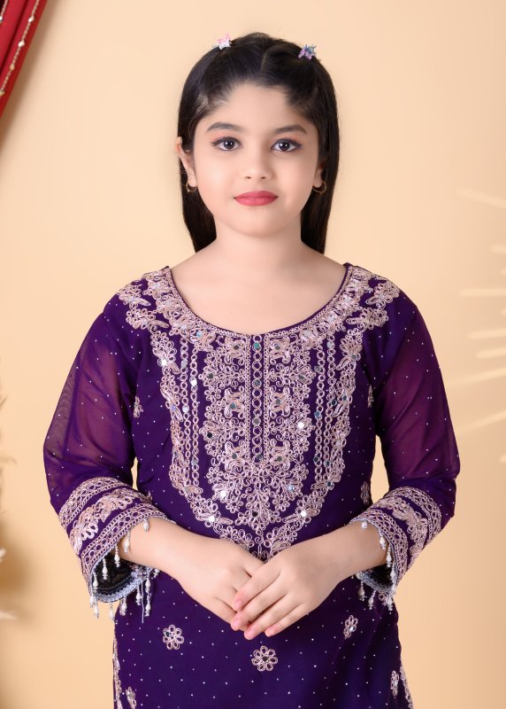 Girls Festive Wear Kurta Sharara Set with Embroidery & Dupatta - Blue - Additional Image 4