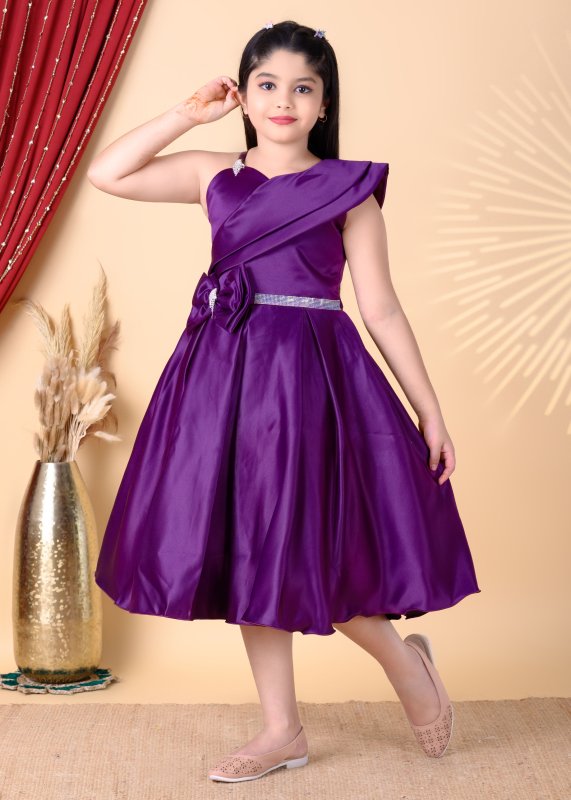 Girls One-Shoulder Party Wear Frock with Bow Detail - Purple - Additional Image 1