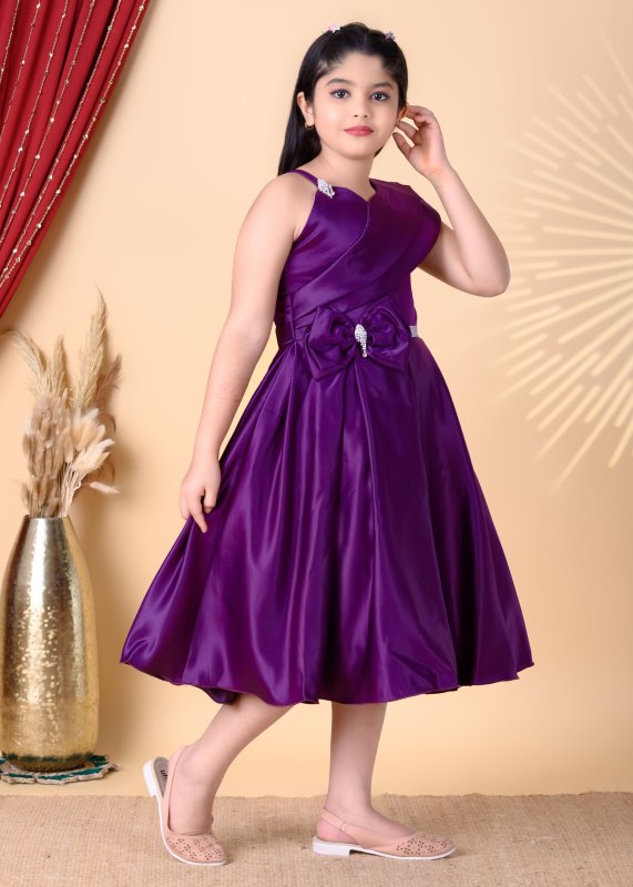Girls One-Shoulder Party Wear Frock with Bow Detail - Purple - Additional Image 2