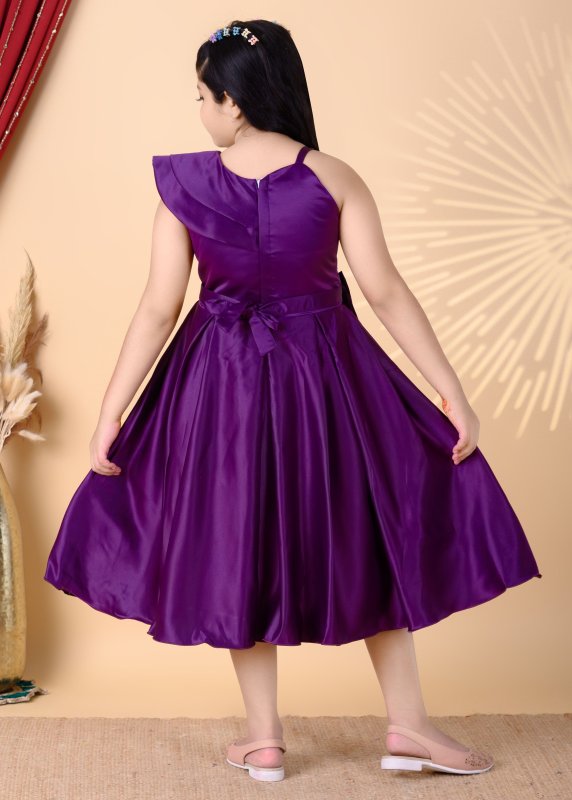 Girls One-Shoulder Party Wear Frock with Bow Detail - Purple - Additional Image 3