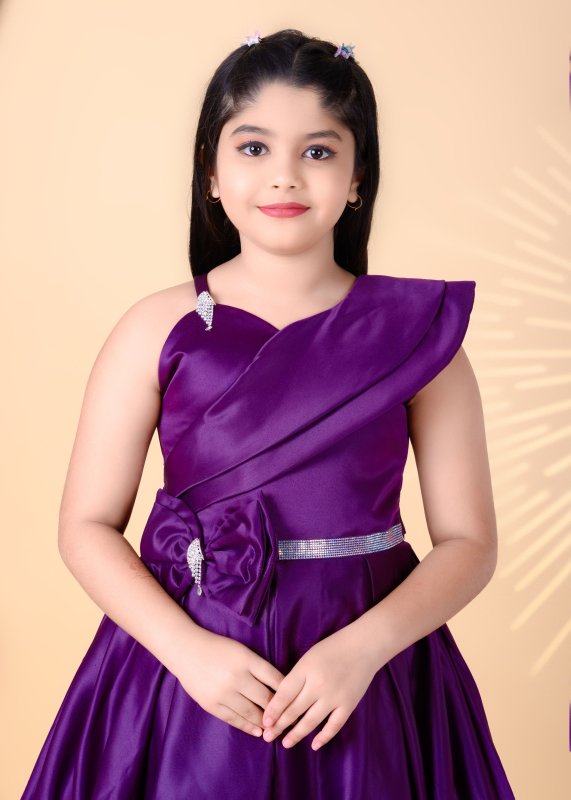 Girls One-Shoulder Party Wear Frock with Bow Detail - Purple - Additional Image 4