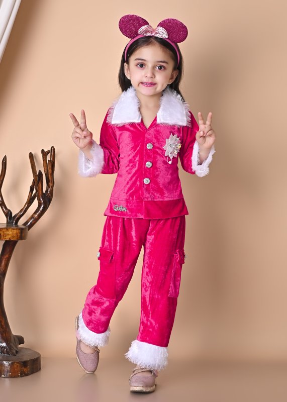 Girls Winter Velvet Jacket & Pants Set with Fur Detailing