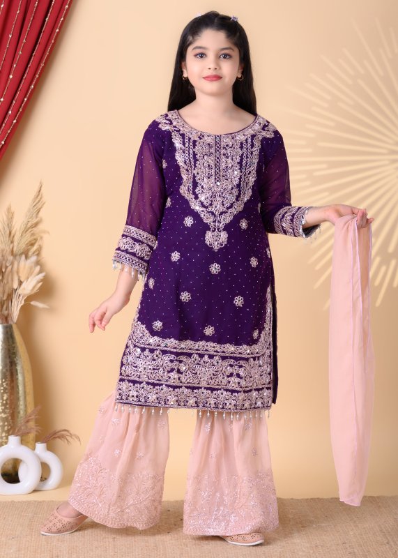 Girls Festive Wear Kurta Sharara Set with Embroidery & Dupatta